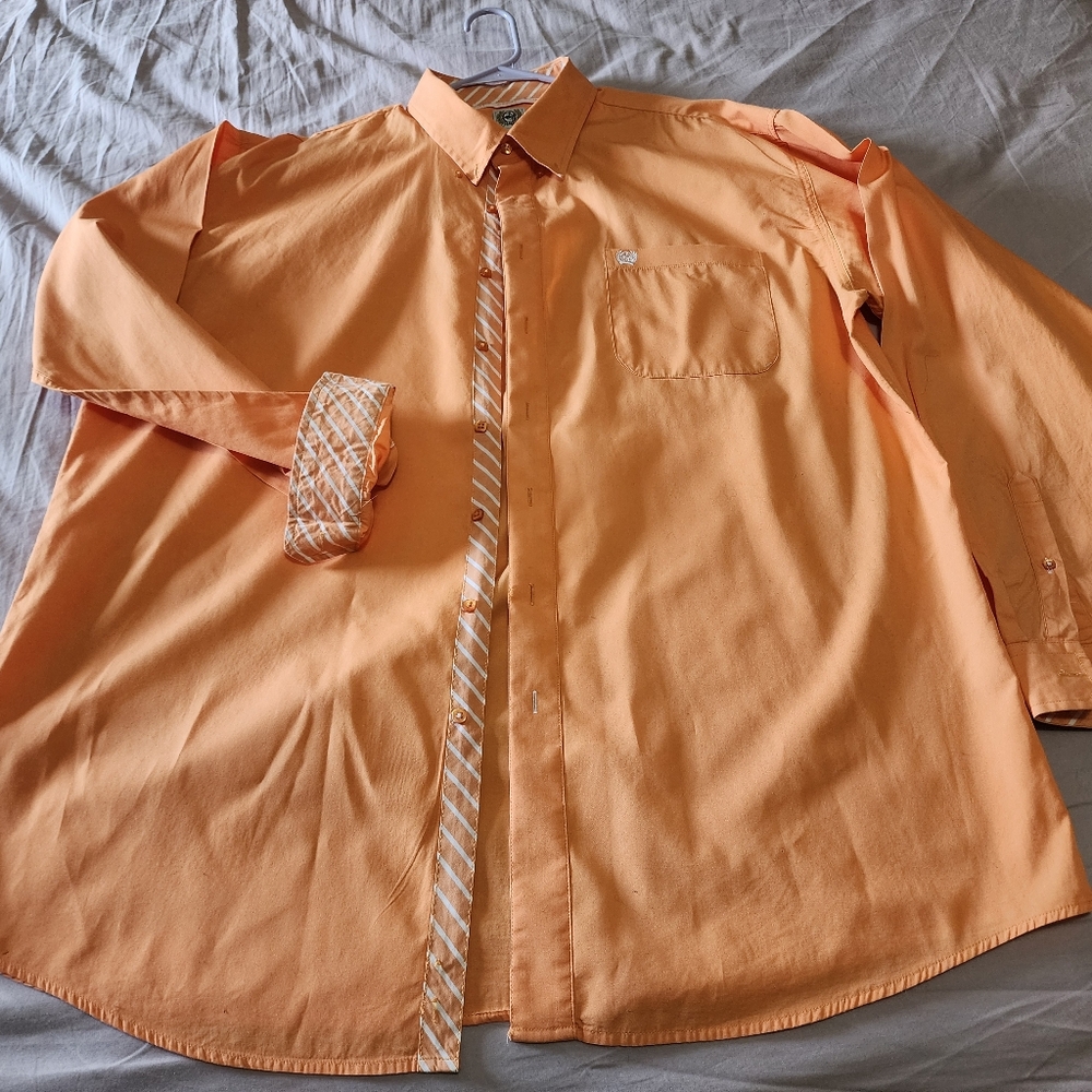 Orange XXL Cinch Button-Up Shirt with Patterned Trim